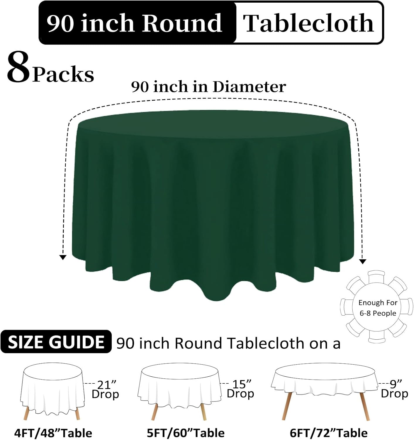 8 Pack Dark Green Round Tablecloth 90 Inch Stain and Wrinkle Resistant Round Hunter Green Table Cloth Reusable and Washable Polyester Fabric for Buffet Wedding Party and Banquet