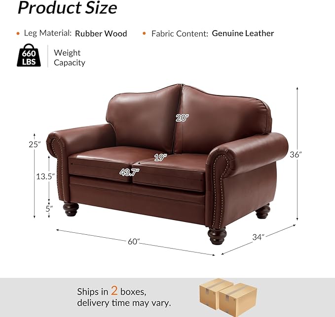 60" Wide Genuine Leather Chesterfield Loveseat, 2 Seat Leather Sofa - Image 2