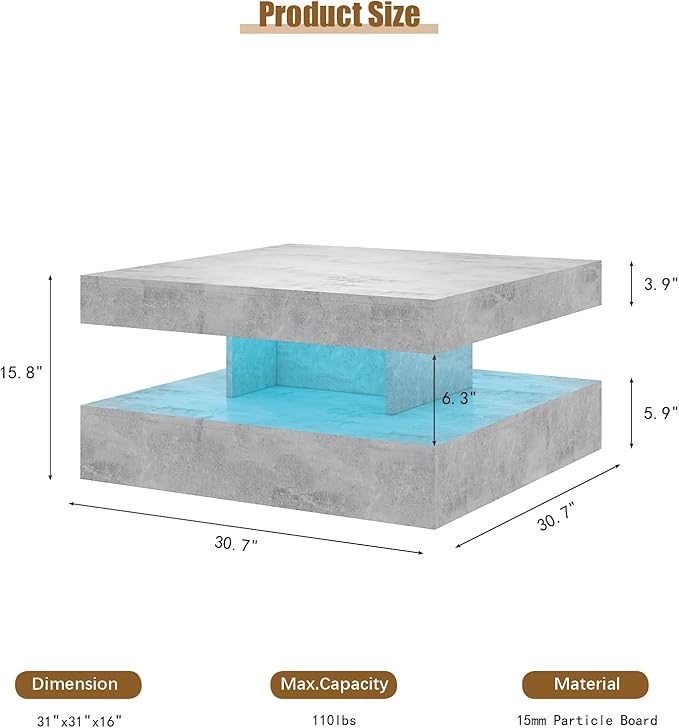 HedoAjim Grey LED Coffee Table for Living Room, Living Room Table 2-Tier Square - Image 2