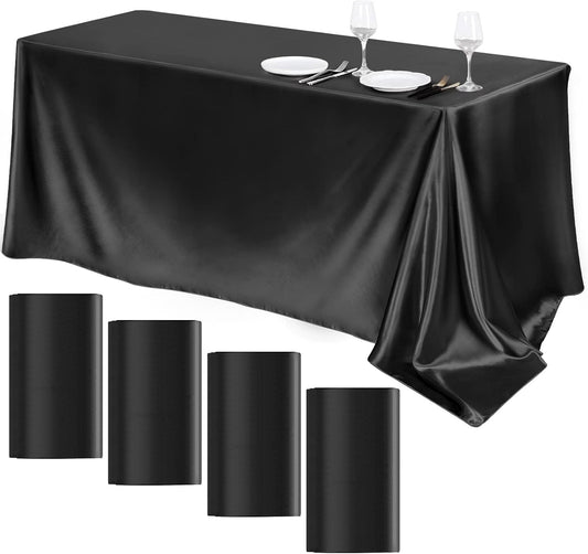 TURSTIN 4 Packs Black Satin Tablecloth 102 x 58 Inch Overlay Satin Table Cover Rectangle Bright Silk Tablecloth Smooth Fabric Table Decoration for Wedding Banquet Party Events