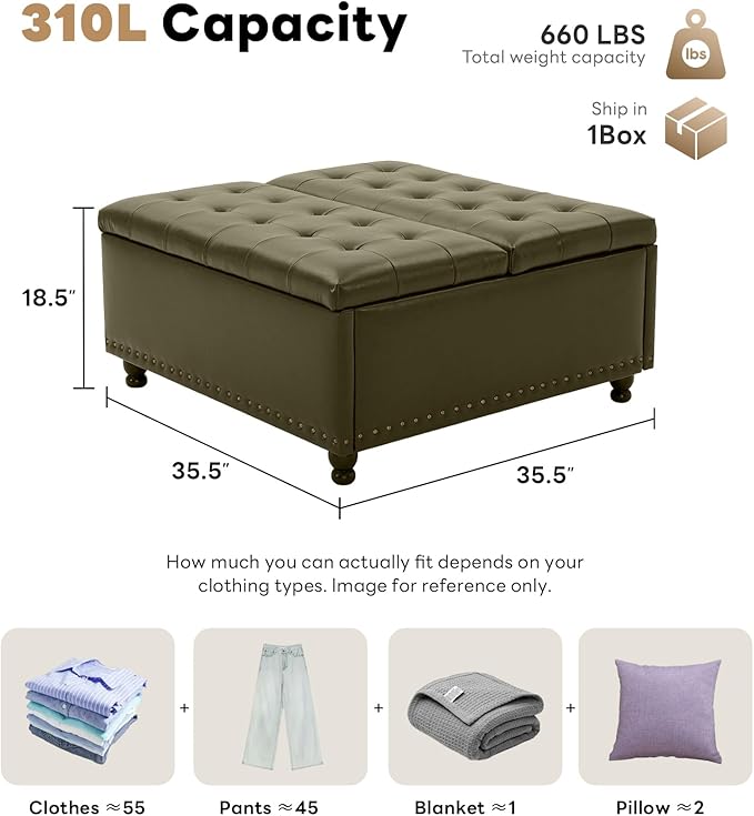 Tbfit Large Square Storage Ottoman Bench, Tufted Upholstered Coffee Table - Image 2
