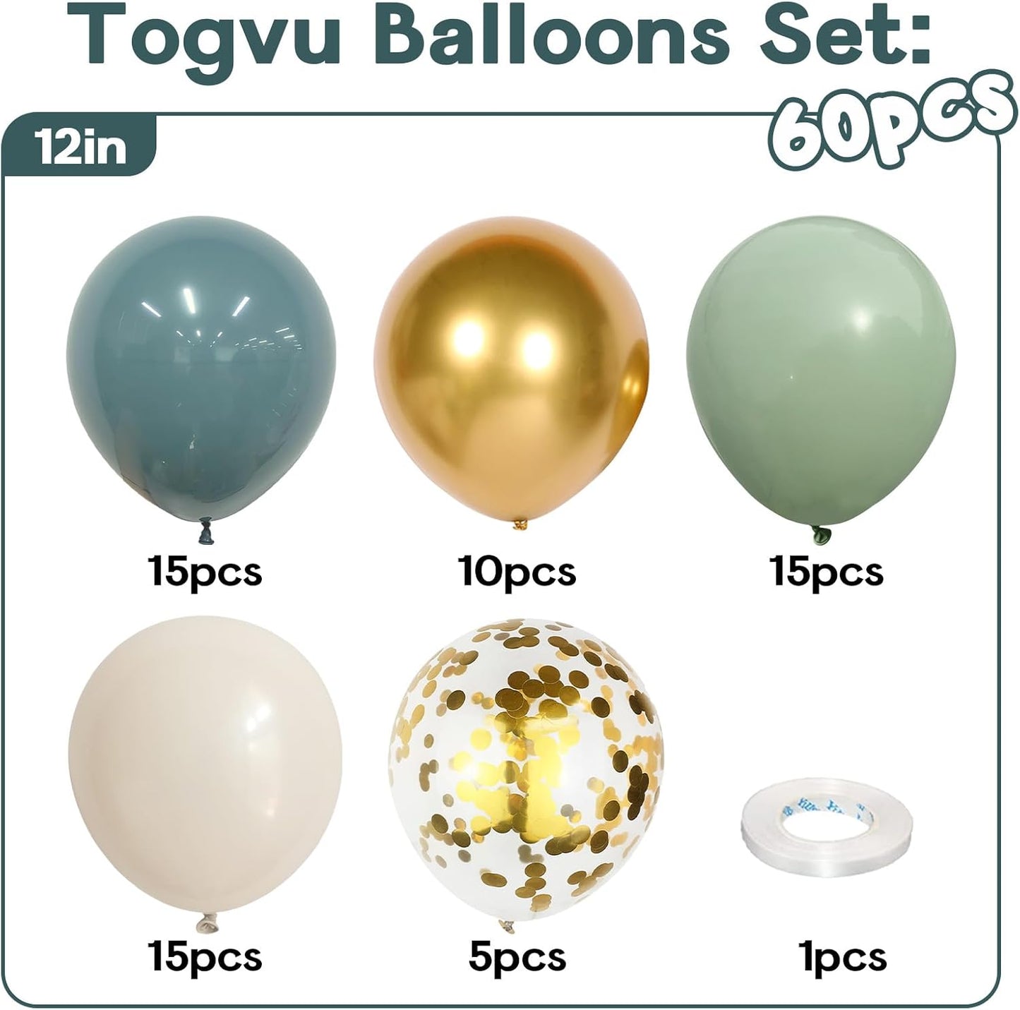 Dusty Blue Sage Green Balloon, 60PCS Pastel Olive Green Slate Blue Beige White Sand Balloon with Metallic Gold Confetti Latex Balloon for Boho Birthday Wedding Baby Bridal Shower Party Decorations