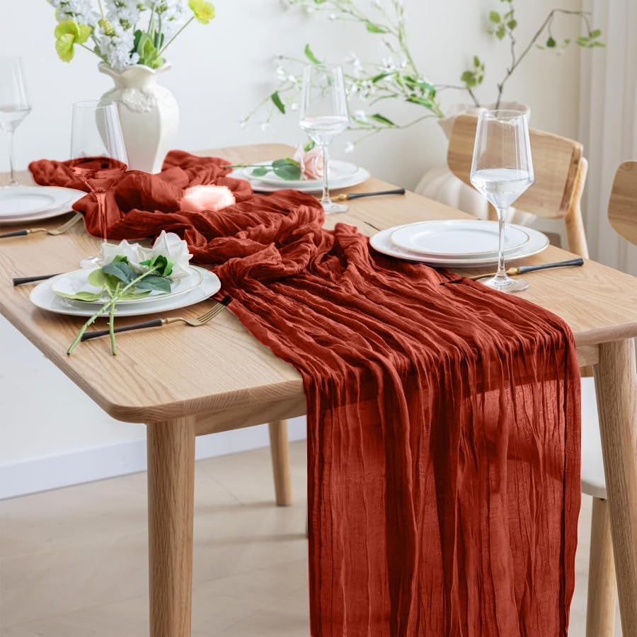 8 Pack 10Ft Terracotta Cheesecloth Table Runner 35x120 inch Boho Gauze Cheese ClothsTable Runners Long Wrinkled Sheer Romantic Table Runner for Wedding Bridal Shower Birthday Party Table Decor