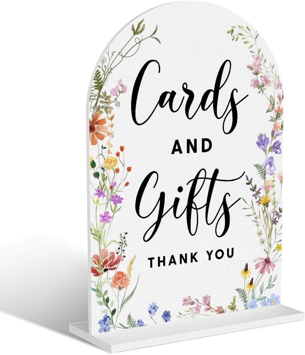 Acrylic Wedding Signs, Cards and Gifts Signs for Marriage Reception, Bridal Shower Decorations, Modern Arched Round Top Acrylic Table Top Sign with Holder for Wedding Party Dinner (White Wildflowers)