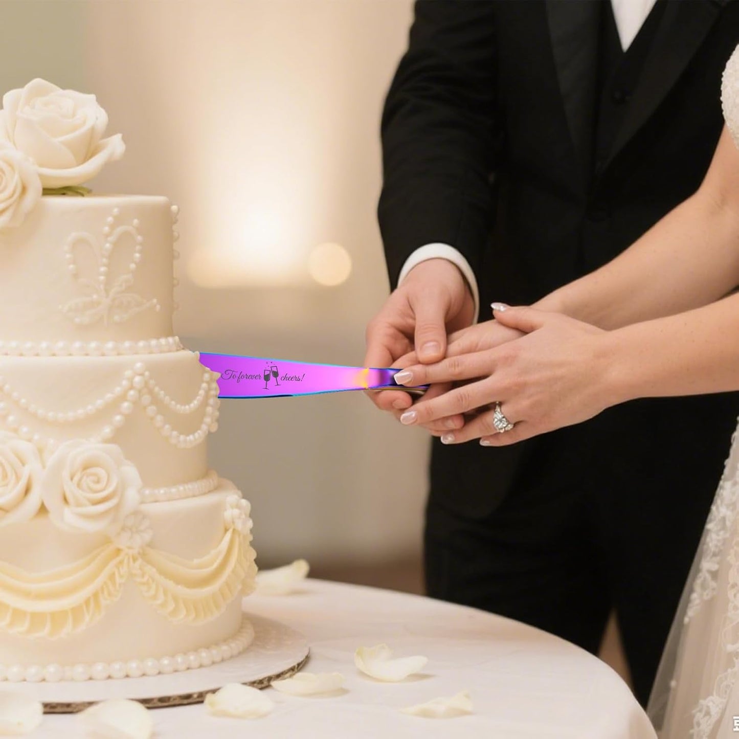 Personalized 4 Piece Wedding Cake Cutting Set, Custom Names Cake Knife and Server set with Forks, Anniversary Birthday Bridal Wedding Registry Gifts (Multi-color)