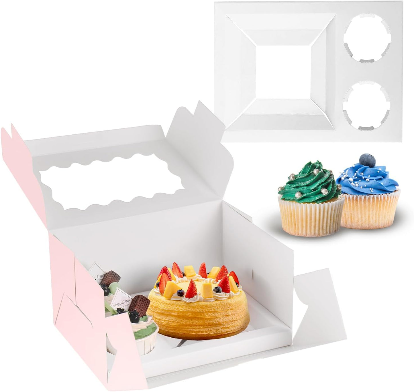 JCD 8Pcs Pink Cake Cupcake Combo Boxes Clear Lid with 2 Cupcake Holes -Clear Window Bento Cake Boxes for Bakery Baking Supplies(Pink 1+2/8Pcs)