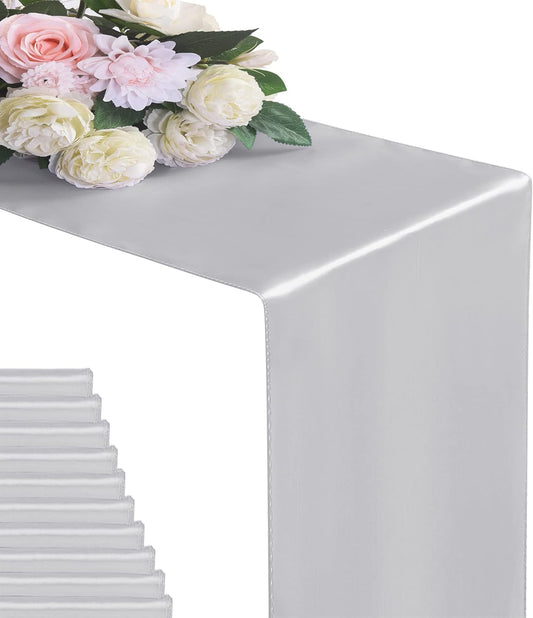 12Pack Table Runner 12 x 108 Inches Satin Silk Table Runner for Wedding, Birthday Party, Banquets, Graduations Decoration, fit Rectange and Round Table-Silver