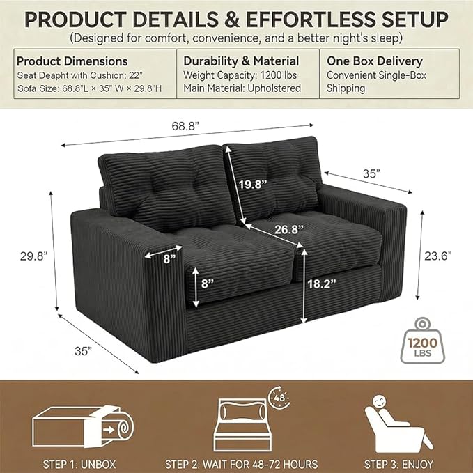 69" Corduroy Loveseat Sofa in a Box, High-Density Foam Couch, No Assembly - Image 2