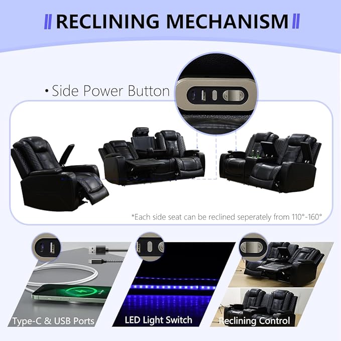 Power Recliner Sofa Set, Living Room Furniture Sets, Luxury Reclining Loveseat - Image 4