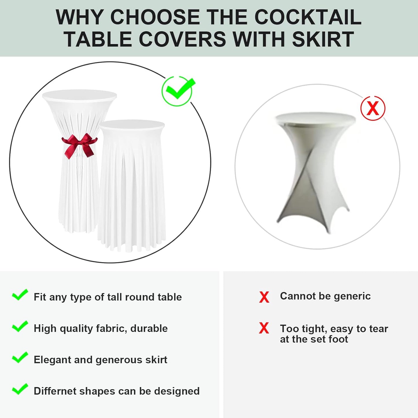 Cocktail Table Covers - 2 Pack 24"x 43" White Cocktail Table Tablecloth with Natural Wavy Round Skirt for Bar Wedding Party Banquet