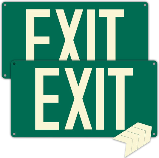 (2Pack) Photoluminescent Exit Sign, Glow In The Dark Aluminum Exit Sign Green - Adhesive Backing - 4pcs Removable Arrows Included - 14.25 x 7.5 Inches - Non Electrical Exit For 50 Feet Visibility