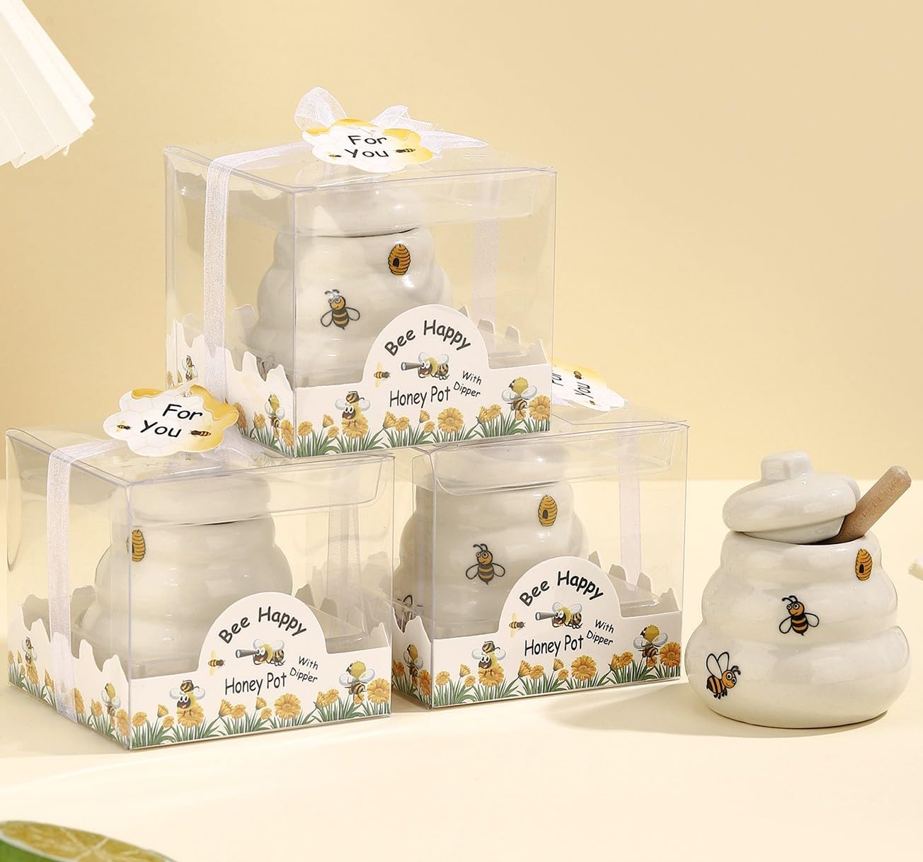 12 Sets Ceramic Bee-Happy Honey Pot with Dipper，Honey Jar Serving Set with Exquisiting Package for Wedding Favor,Bridal Shower Favor, Baby Shower Favor，Party Favor (12)