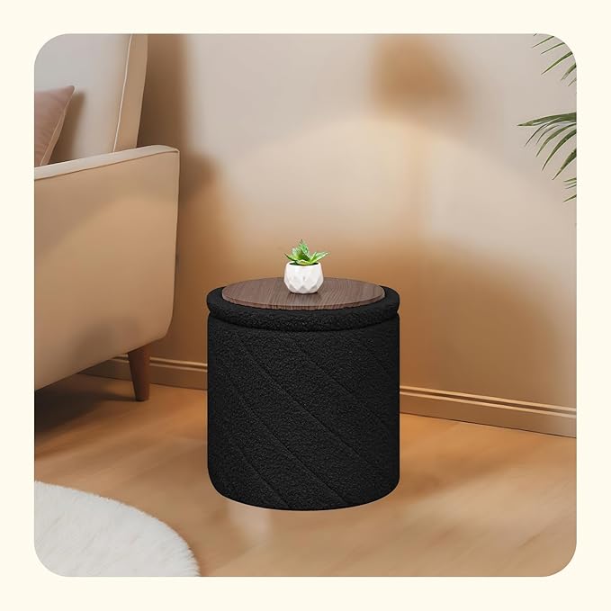 PINPLUS Ottoman with Stroage Round Boucle Ottoman and Tray Sherpa Removable - Image 2