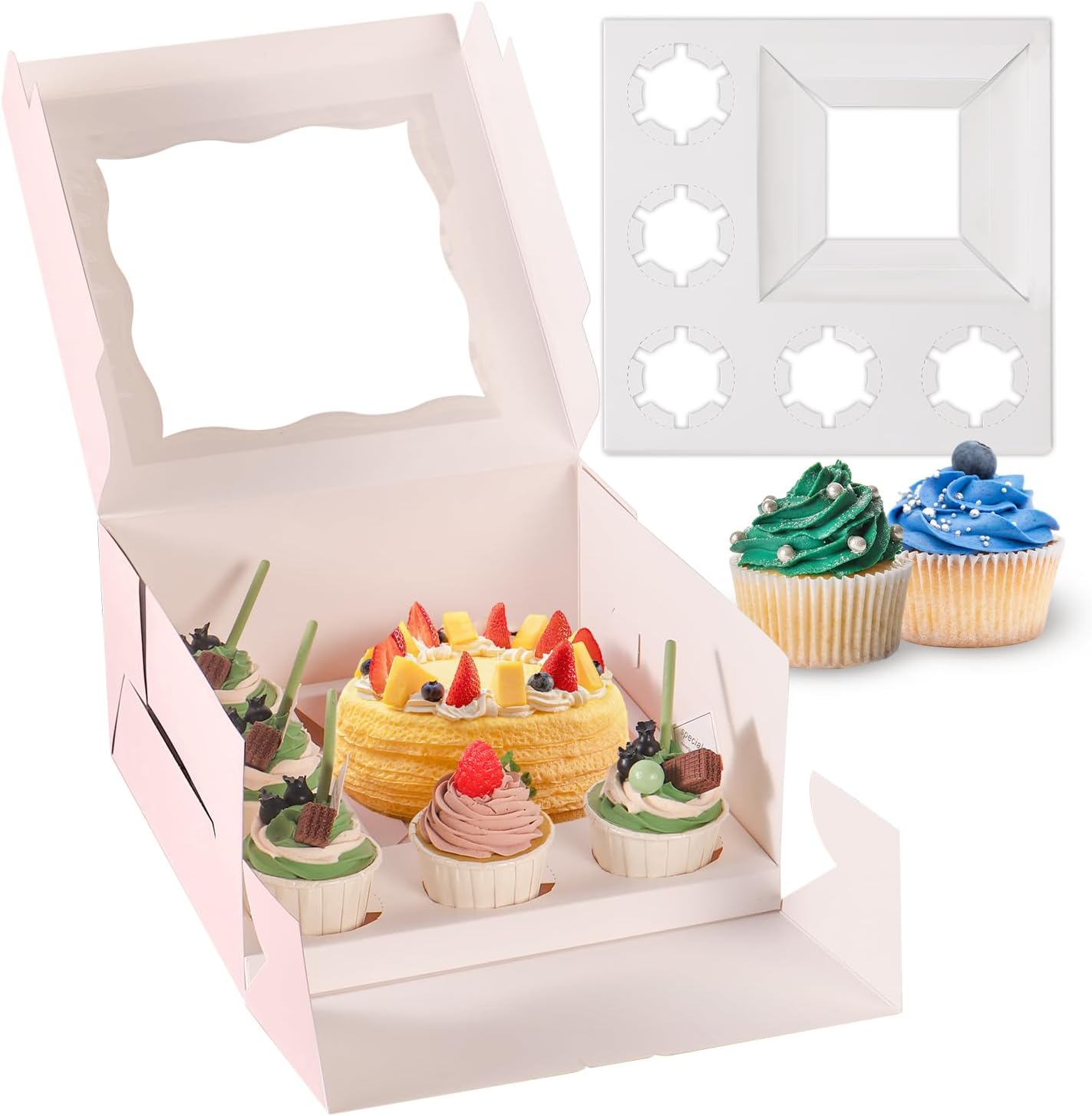 JCD 8 Packs Pink Bento Cake and Cupcake Box 1+5 Bento Box with Clear Window Fit 5 Cupcakes and 1 Mini Cake for Packaging Gift Baked Goods (Pink 1+5/8Pcs)