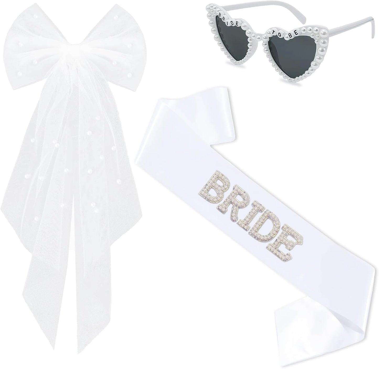 3Pcs Bride to Be Sash and Bow Veil Set, Bachelorette Party Favors, White Pearl Bride To Be Sash, Pearl Heart Sunglasses for Bachelorette Party Gifts Bridal Shower Wedding