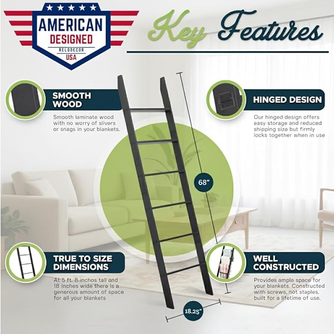 Blanket Ladder for The Living Room and Bedroom, 5ft 8 inch, 6-Tier Wall Leaning - Image 2