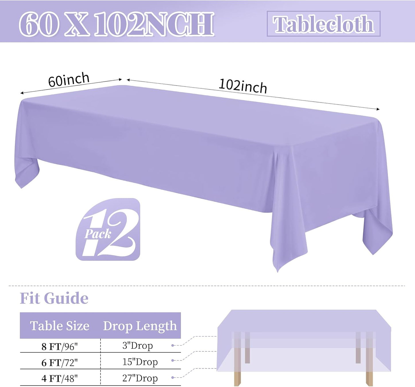 12 Pack 60 x 102 Inch Rectangle Tablecloth Lavender Polyester Tablecloth for 6 Feet Rectangle Tables,Washable Fabric Table Cloth for Wedding Dining Table Buffet Parties Camping