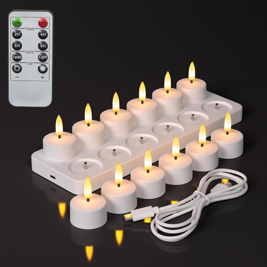 Rechargeable Flameless Tea Lights Candles with Charging Station, LED Tea Lights Candles with Remote Control Timer for Wedding, Christmas, Halloween, Anniversary, Home Decor, 12-Pack