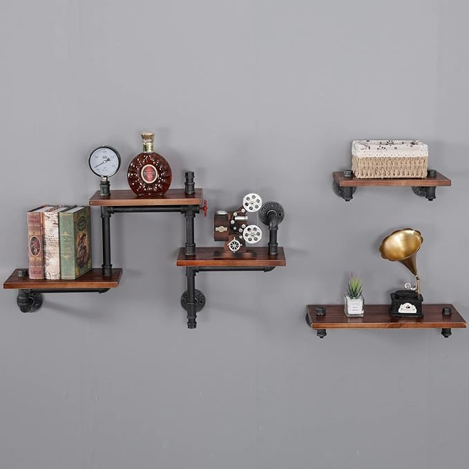 Industrial Floating Pipe Wall Shelves Rustic Wood Shelving, 5 Layer Pipe Design - Image 7