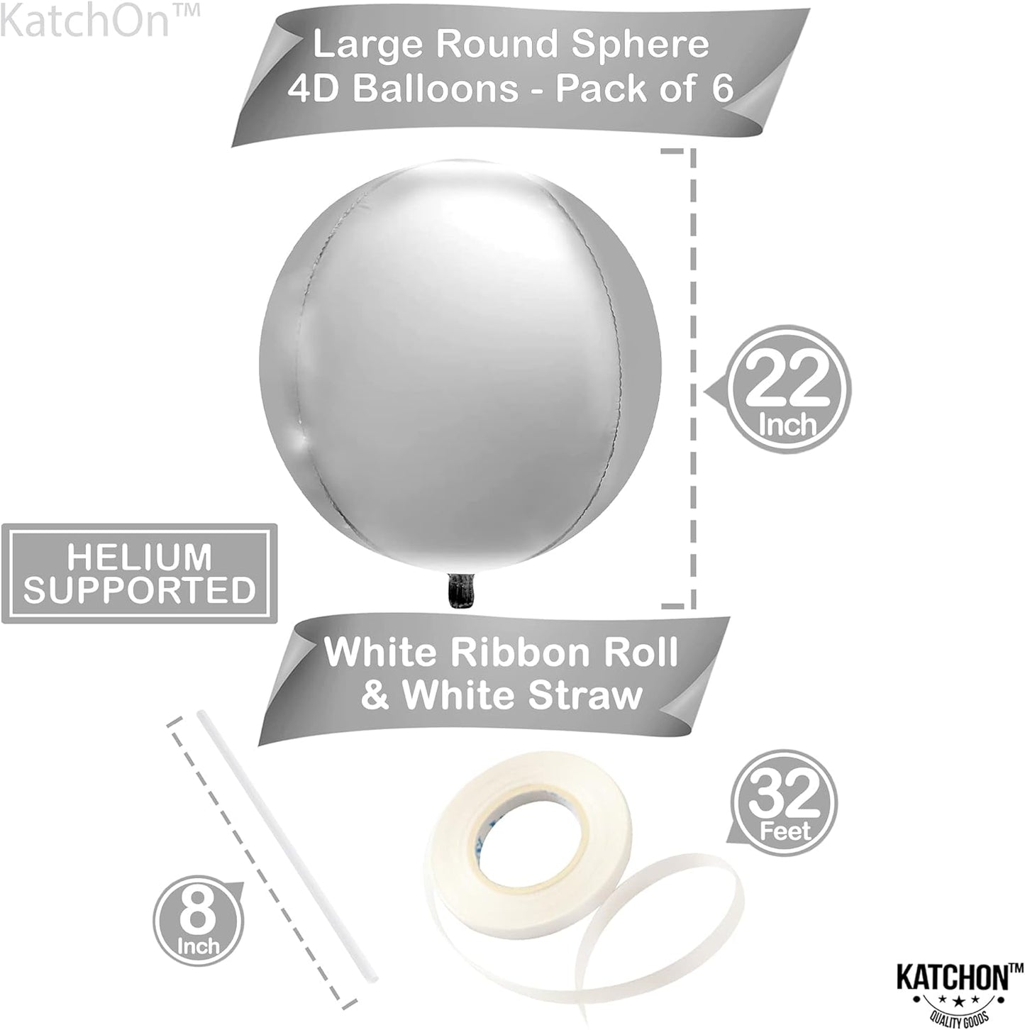 KatchOn Large Silver Balloons - 22 Inch, Pack of 6 | 4D Round Mylar Balloons for Birthday Decorations