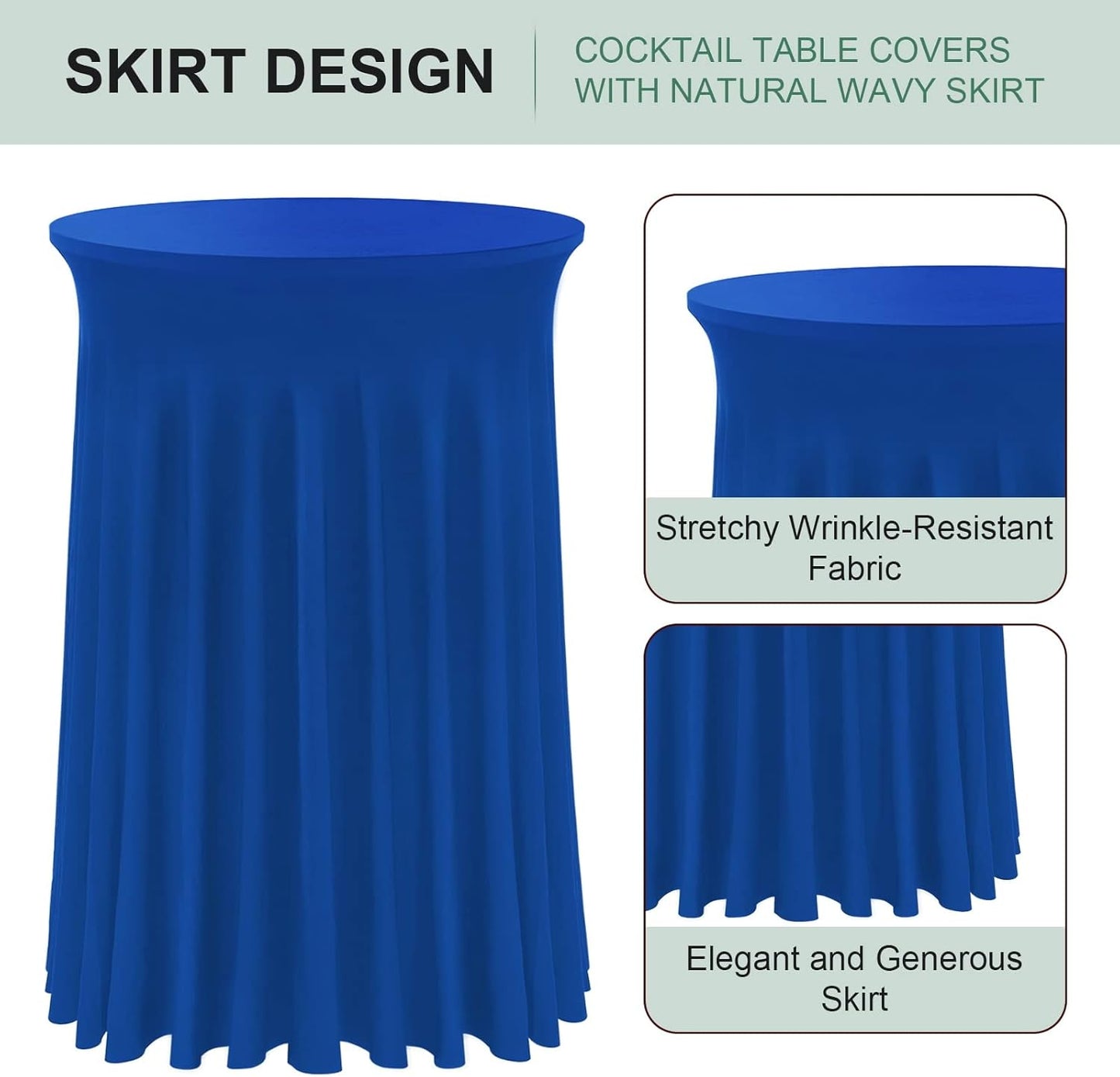 Cocktail Table Covers - 2 Pack 32"x 43" Royal Blue Cocktail Table Tablecloth with Natural Wavy Round Table Skirt Fitted High Top Table for Bar Wedding Party Banquet