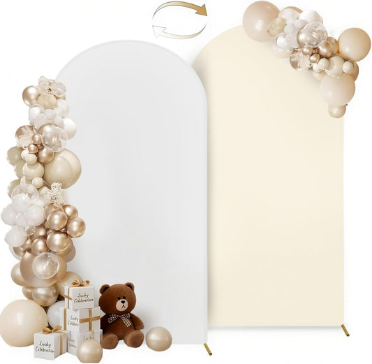 Hemmotop 7.2 ft Arch Backdrop Cover (One Piece Double Color), White and Light Beige Spandex Arch Stand Covers, Fabric Stretchy Background for Balloon Arches, Wedding, Birthday Party, Baby Shower