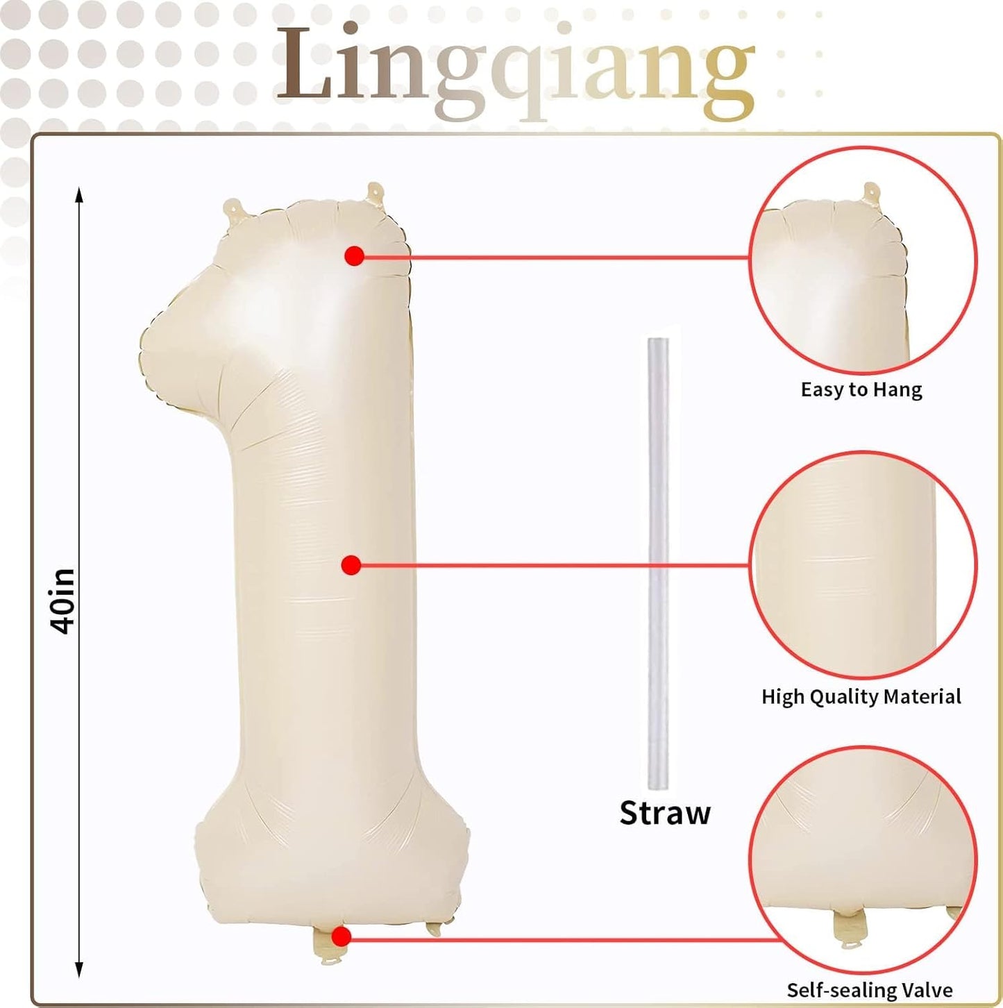 40 Inch Beige Number 1 Balloon for 1st Birthday Decoration, Large Self Inflating Cream Foil Number Balloons 0-9 for Boys Girls, White Sand 1 Helium Balloons for Women Men Party Anniversary Supplies