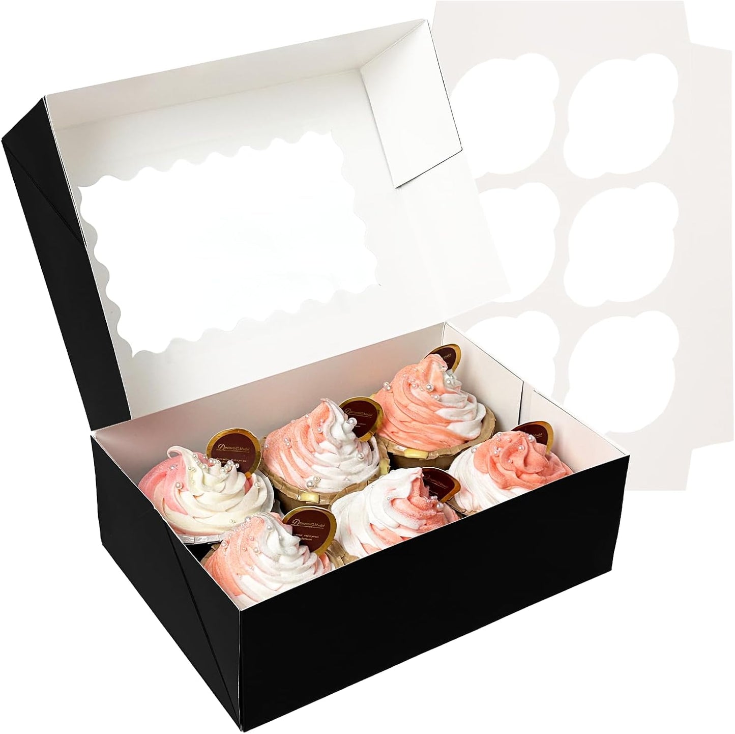 Bakepacker Auto-pop up 6 Cupcake Boxes with Window 20 Count Black Box 9.4 x 6.1 x 3 inch Cupcake Carrier