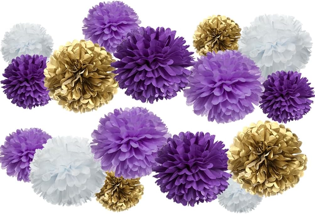 Gold Purple Lavender and White Tissue Paper Pom Poms Flower for Birthday Graduation Retirement Theme Party Decoration, 16pc