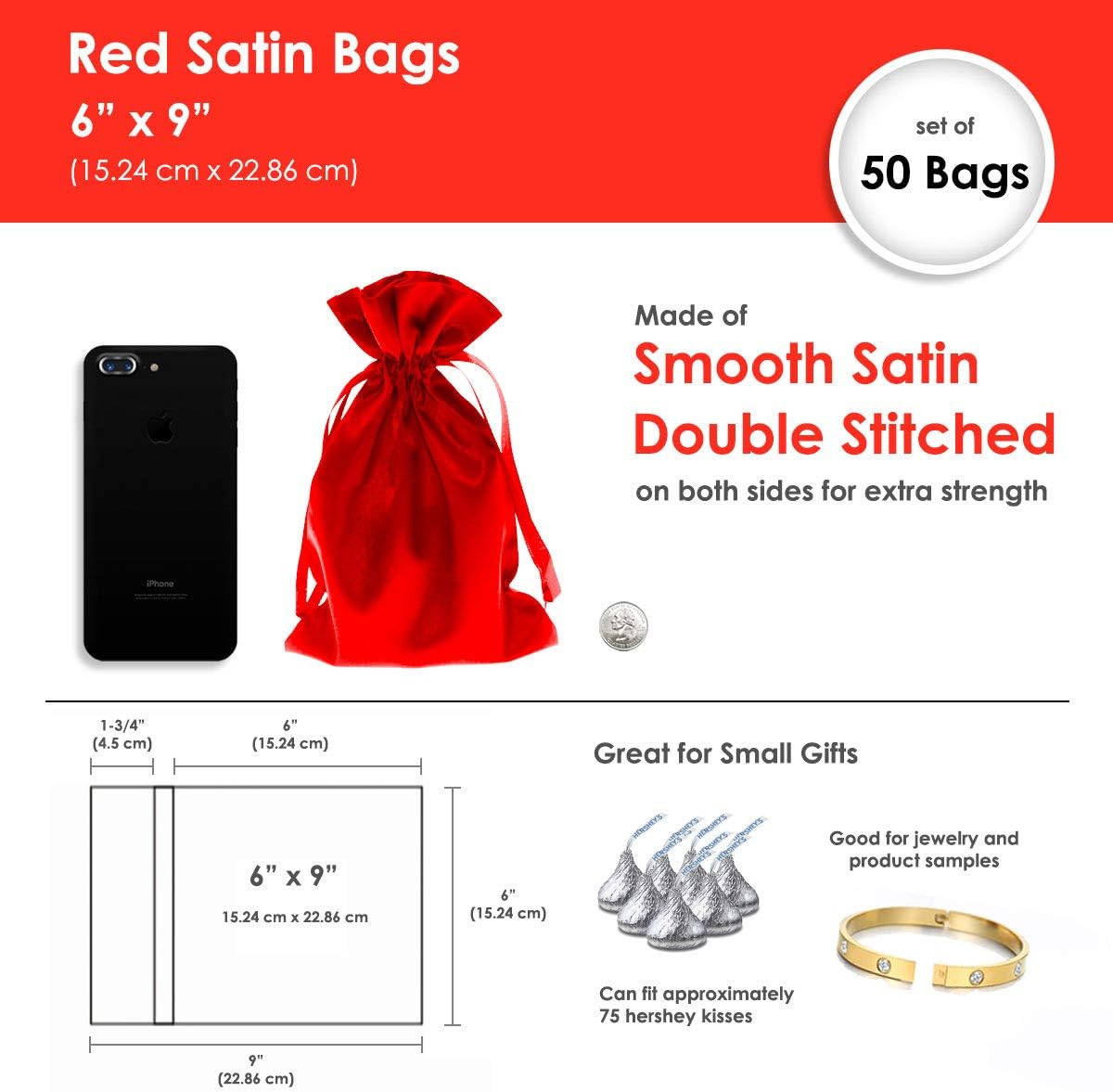 6" x 9" Red Satin Gift Bags, Jewelry Bags, Wedding Favor Drawstring Baby Shower Christmas 50 per Pack