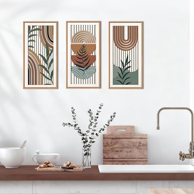 IARTTOP Boho Wood Wall Art Framed 8x16 Inch Set of 3 Mid-century Modern - Image 3