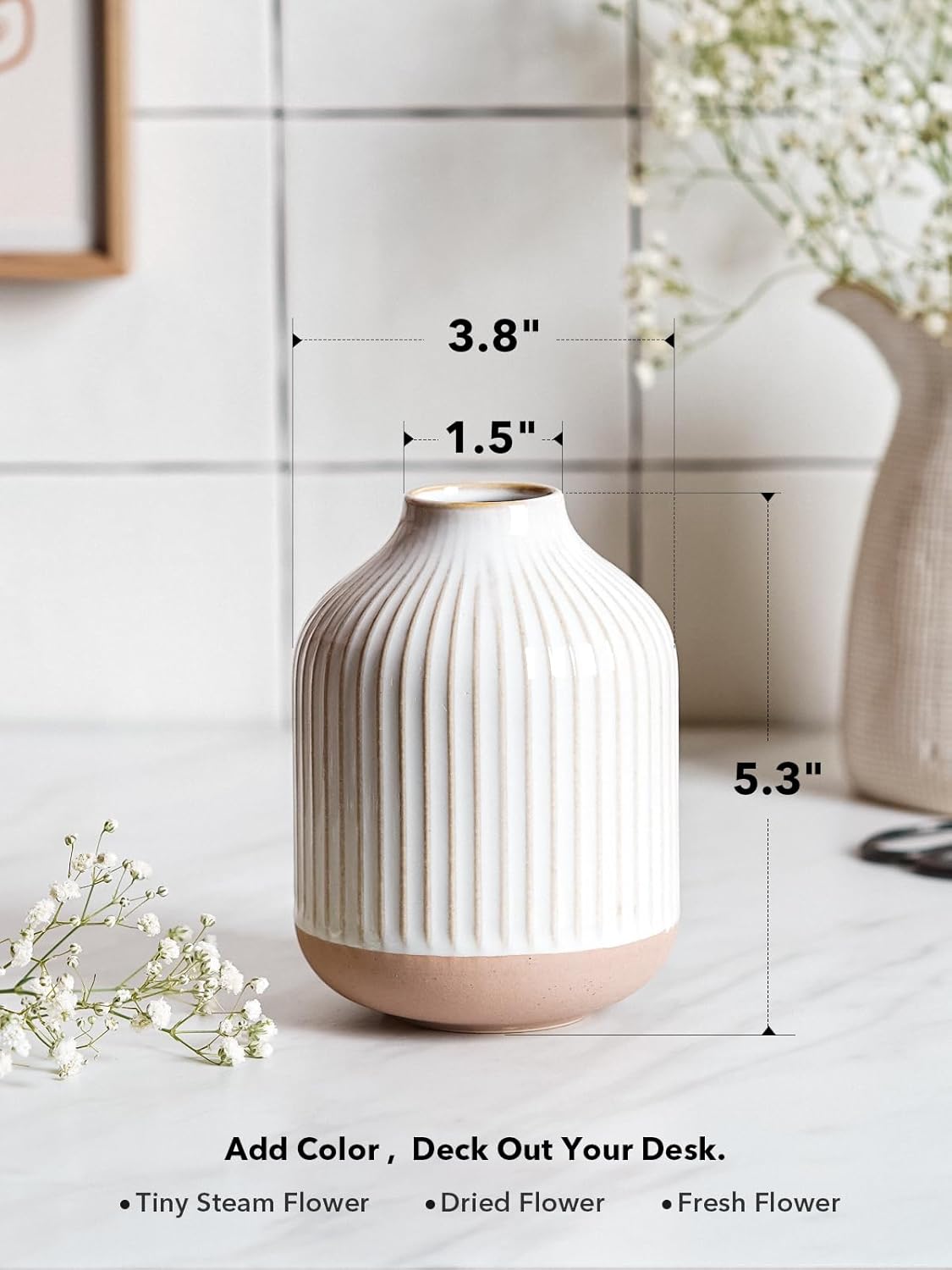 Boho Farmhouse Small Ceramic Vase for Pampas Grass & Flowers - 5.3 Inch Rustic White Vase, Centerpiece for Eucalyptus, Tiny Stems & Bouquets with Embossed Lines