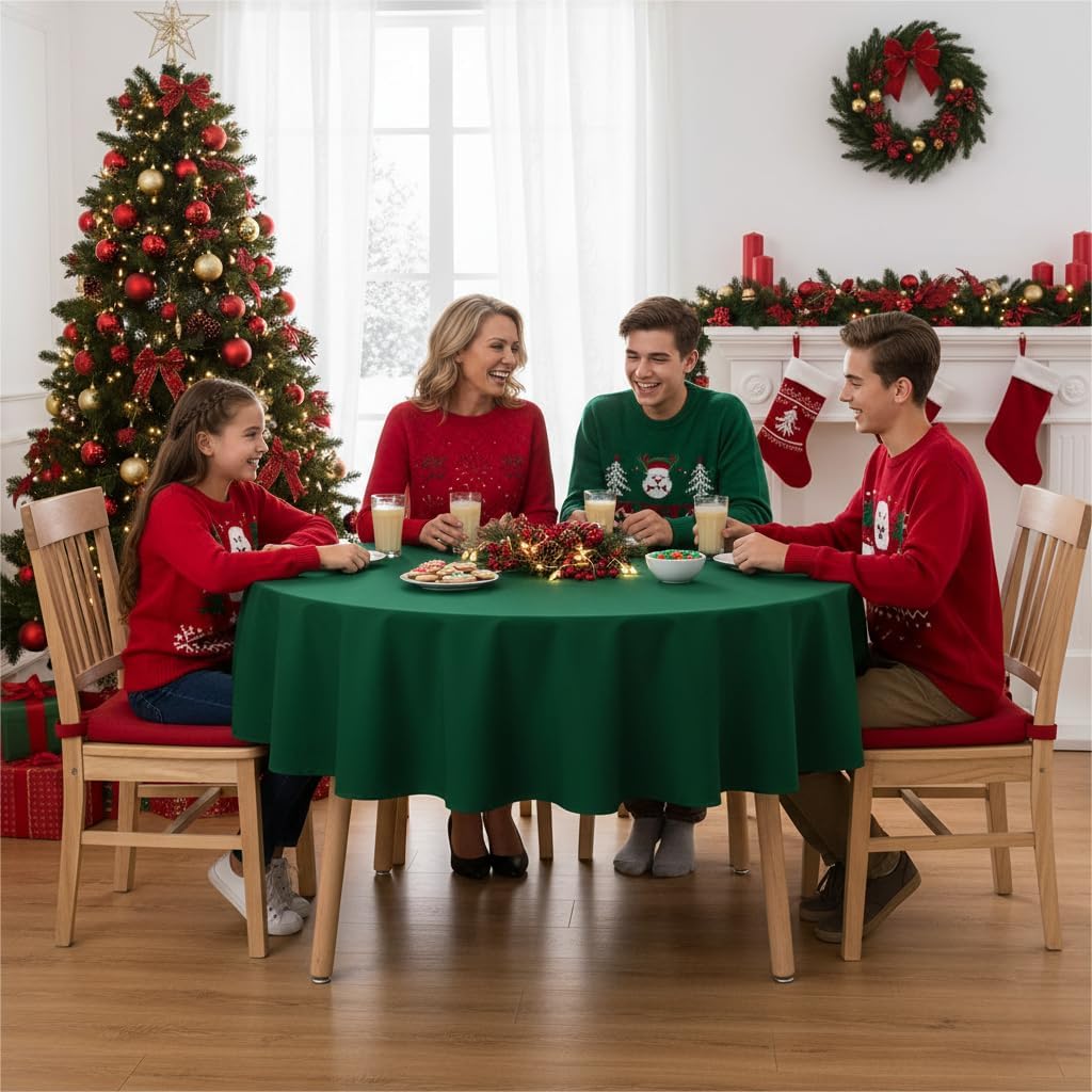 sancua Round Tablecloth - 60 Inch - Water Resistant Spill Proof Washable Polyester Table Cloth Christmas Decorative Fabric Table Cover for Dining Tables, Buffet Parties and Camping, Hunter Green