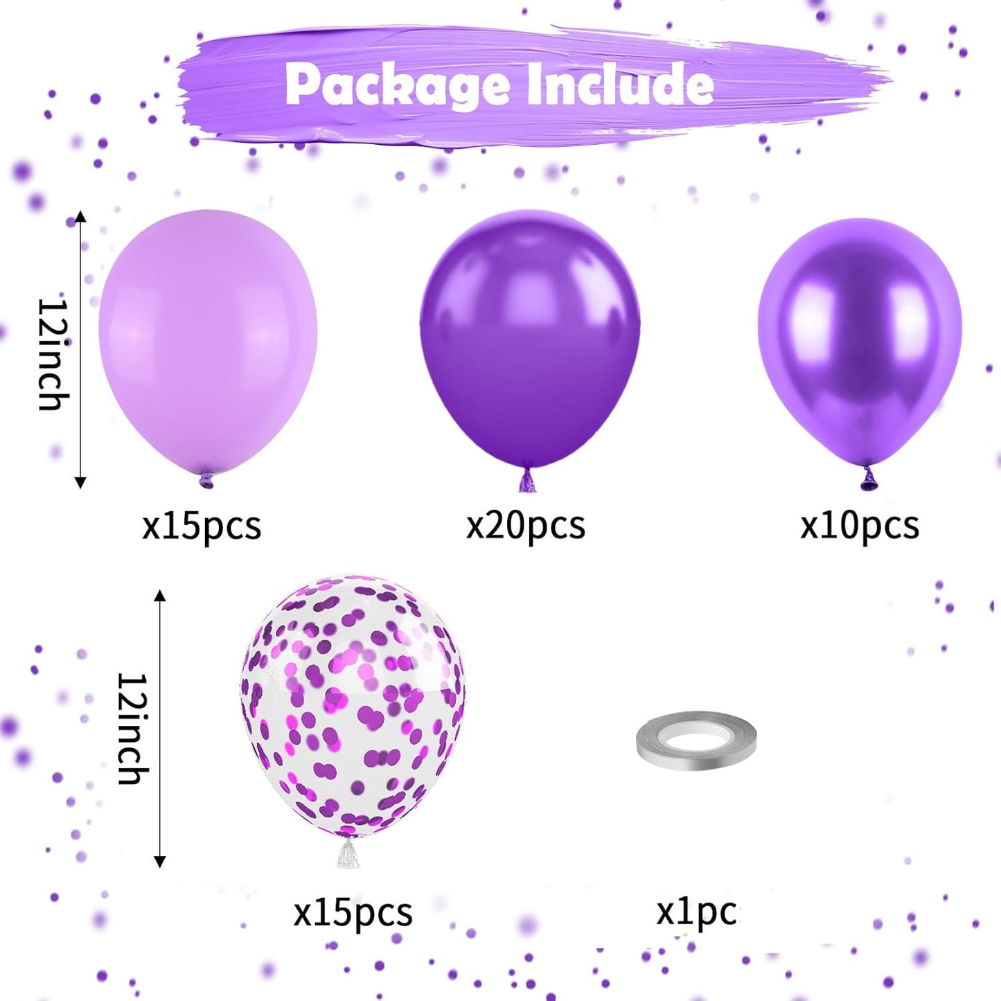 Purple Balloons, Lavender Purple Balloons Pearl Light Purple Party Balloons Metallic Purple Confetti Balloons Matte Pale Purple Latex Balloons for Kids Girls Birthday Wedding Baby Shower Graduation