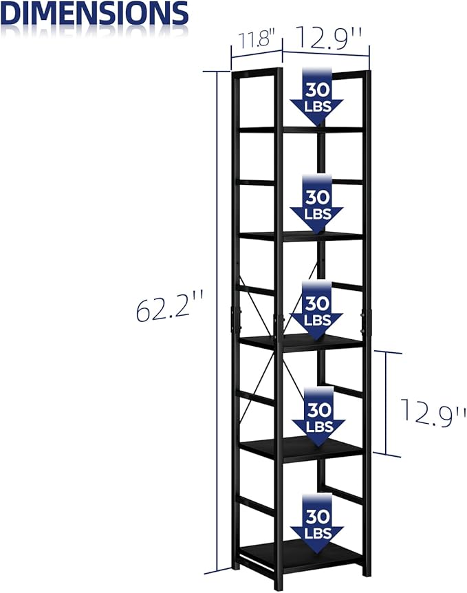 NUMENN 5 Tier Slim Bookshelf, Tall Bookcase Shelf Storage Organizer, Modern - Image 3