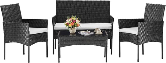 DUMOS 4 Piece Patio Furniture Set, All-Weather Outdoor Wicker Conversation Set by DumosLifestyle