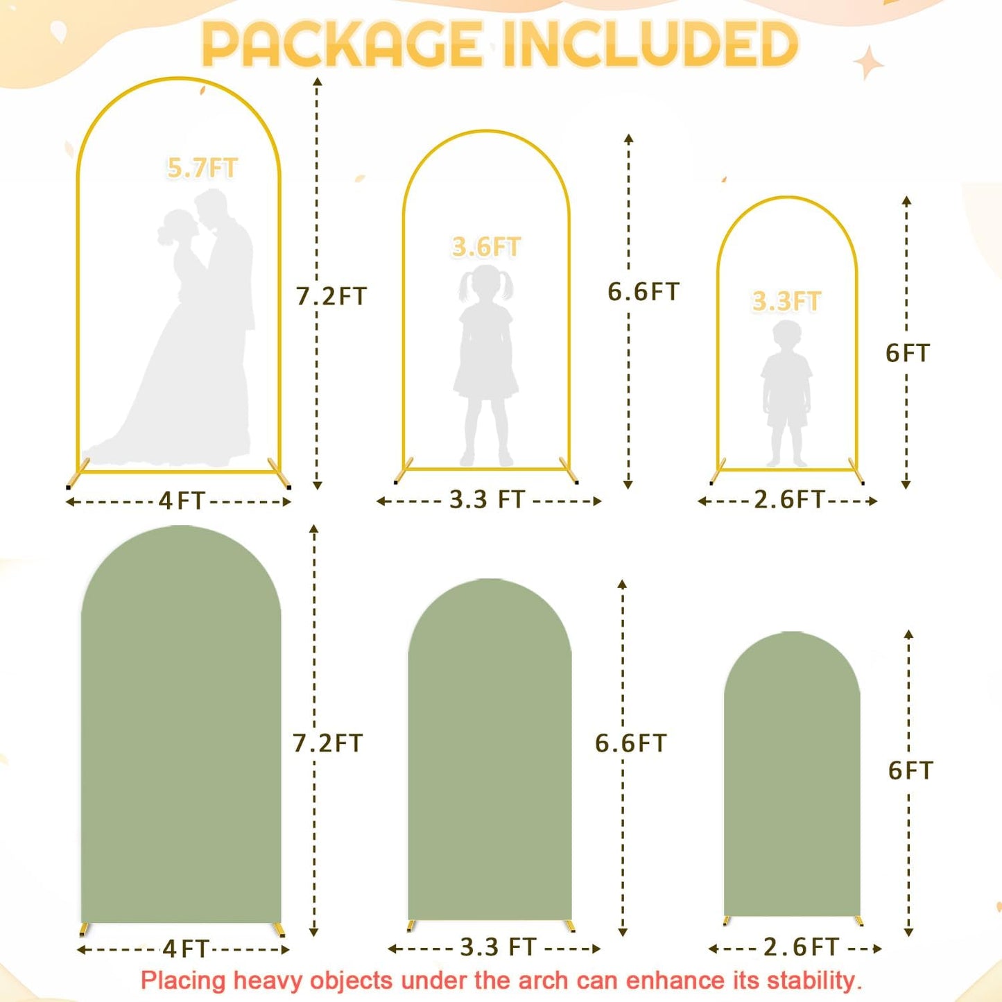 FUHSY Set of 3 Wedding Arch Backdrop Stand and Cover Set 7.2FT, 6.6FT, 6FT Metal Arch Backdrop Stand with Sage Green Spandex Arch Stand Cover Wedding Arches Frame for Birthday Bridal Baby Shower Event