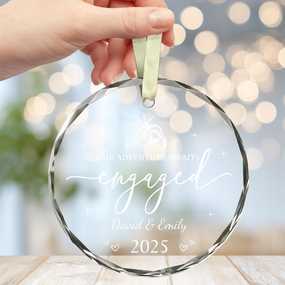 Personalized Engagement Gifts For Couples - Newly Engaged Couples Christmas Ornaments - Happy Engagement Ornament For Her, Bride, Bride To Be, Friends - Just Engaged Glass Ornament