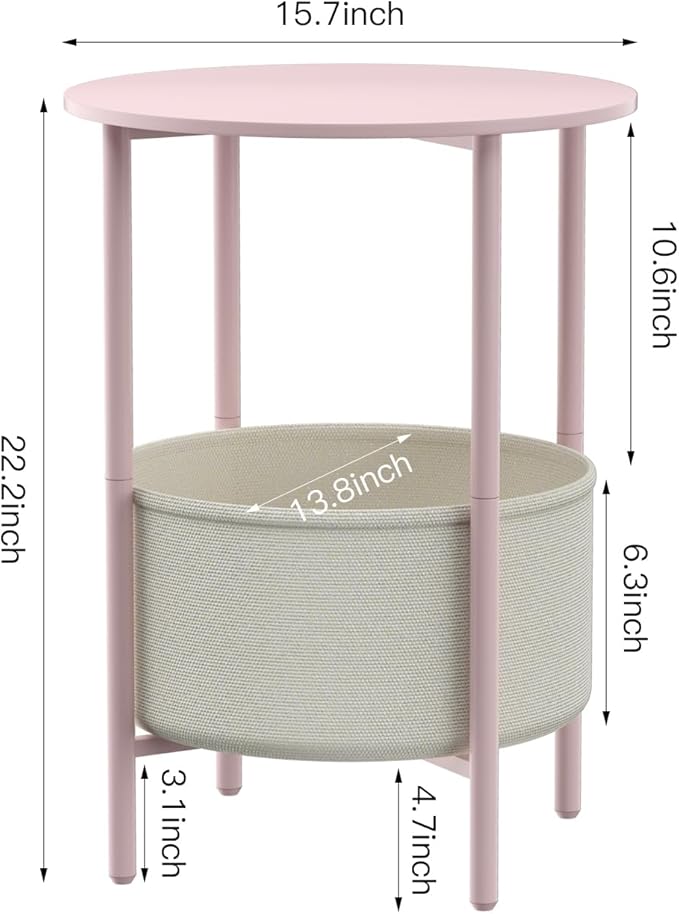 DGSANDGO Round End Table with Fabric Basket, Bedside Table with Storage - Image 3