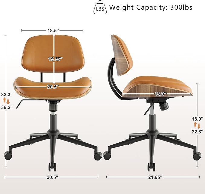 Armless Office Chair with Wheels, PU Leather Adjustable Height Desk Chair - Image 3