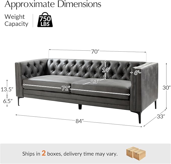 HULALA HOME 84" W Faux Leather Sofa Couch - Image 2