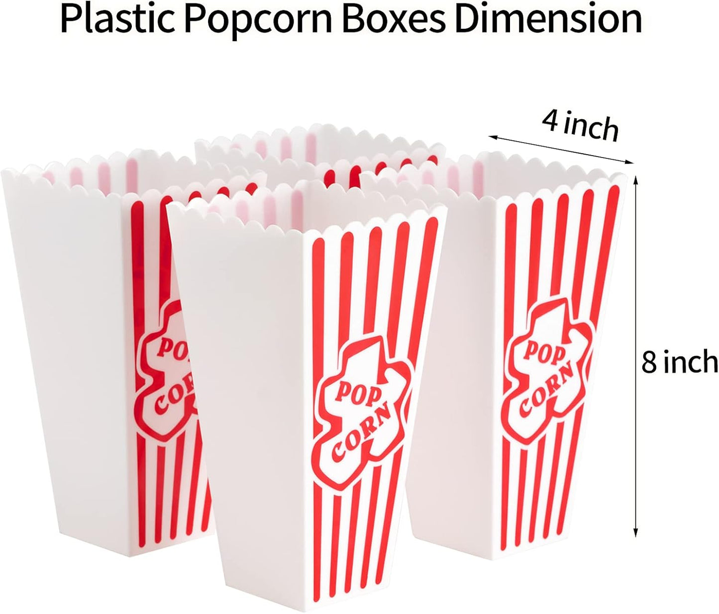 Plastic Popcorn Containers Red & White Striped Retro Style Reusable Popcorn Boxes for Movie Night 4”x8” (4 Pack)