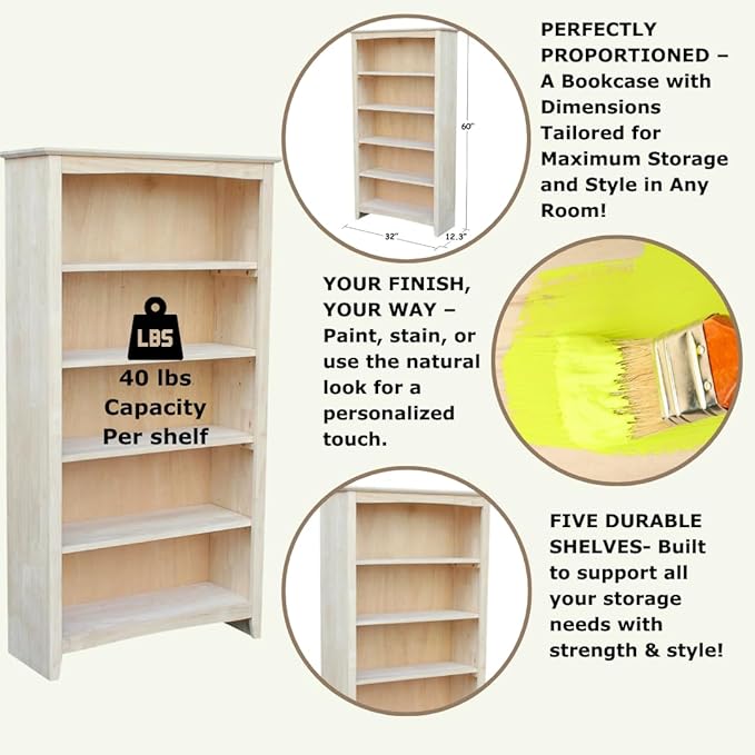 Solid Wood Bookcase 60" High Unfinished Parawood Shelves, Adjustable Storage - Image 4