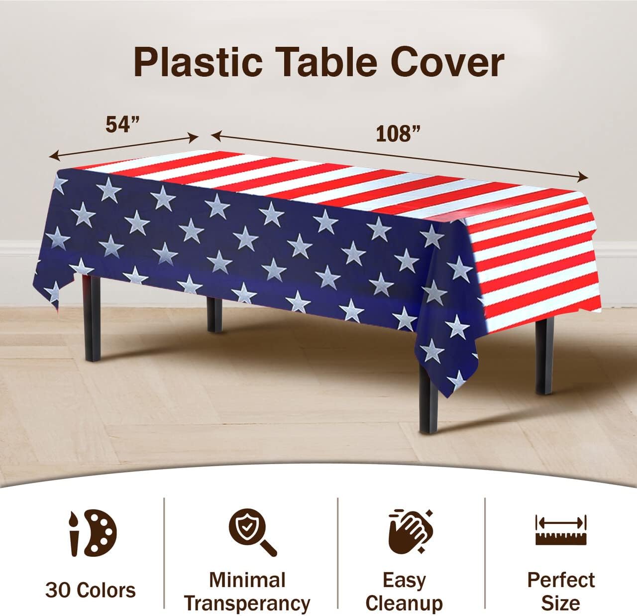 Party Solids Pack Of 12 Premium Rectangle American Flag Design Plastic Tablecloth - USA Stars and Stripes Tablecloth Disposable Plastic Table Cover for July 4th - 54 inch. x 108 inch