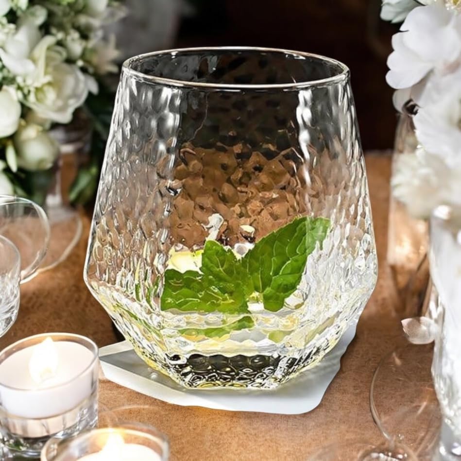 40 count Diamond Unbreakable Stemless Plastic Wine Champagne Whiskey Glasses Elegant Durable Disposable Indoor Outdoor Ideal for Home, Office, Bars, Wedding, 12 Ounce Cups (Hammered Clear)