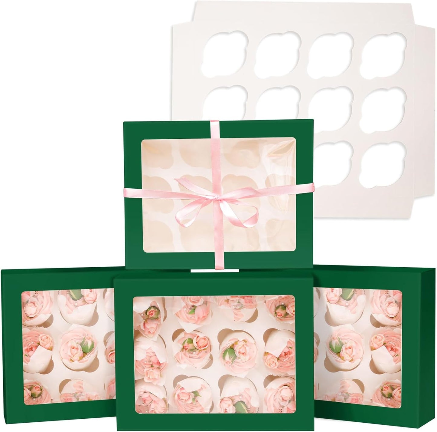 12 Cupcake Containers 10-Packs Forest Green Cupcake Box Cupcakes Carrier, 12 Cupcake Boxes with Window 13"x10"x3.5"（Auto-pop up）