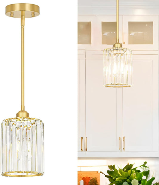 Gold Kitchen Pendant Lights Over Island with Adjustable Rods - Crystal Pendant Lighting Fixtures for Sloped Ceiling, Ideal Over Dining Table or Bar, E26 Bulb Compatible, No Electrician Needed