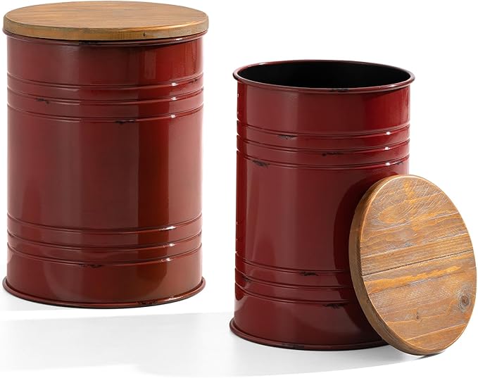 Glitzhome Rustic End Table Set of 2, Farmhouse Galvanized Metal Barrel Ottoman - Image 3