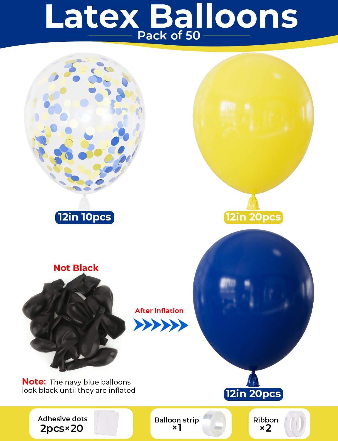 Blue and Yellow Balloons - Navy Blue Balloons 12 Inch Yellow Latex Balloon Glitter Confetti Balloon for Birthday Baby Shower Wedding Party Decorations, Photo Backdrop, 50 PCS