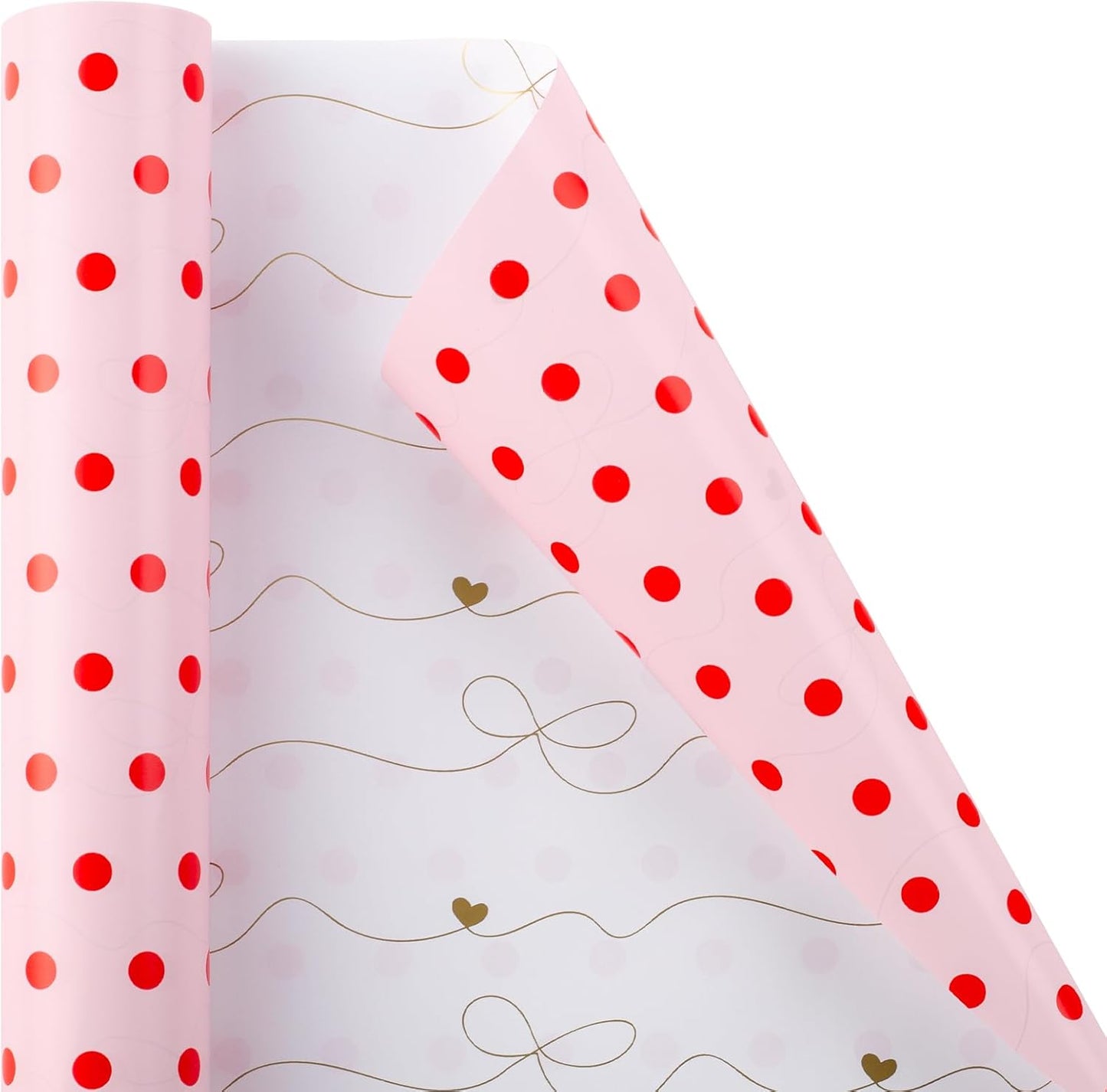 Flyhill Red Polka Dot Wrapping Paper,Reversible Pink Gold Elegant Bow & Heart Gift Wrap Suitable for Birthday,Girls,Baby Shower,Wedding (17 Inch X 32.8 Feet)